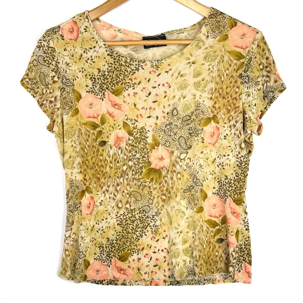 Y2K Brittany Black Tan Floral Slinky Top M
